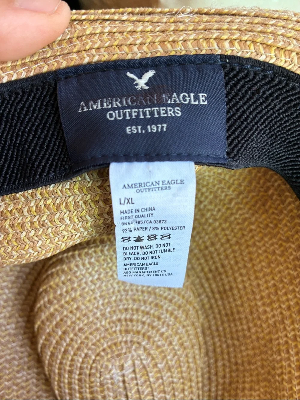 American Eagle Woven Straw Fedora Trilby Hat Navy Leaf Band L/XL Vacation Tropic
